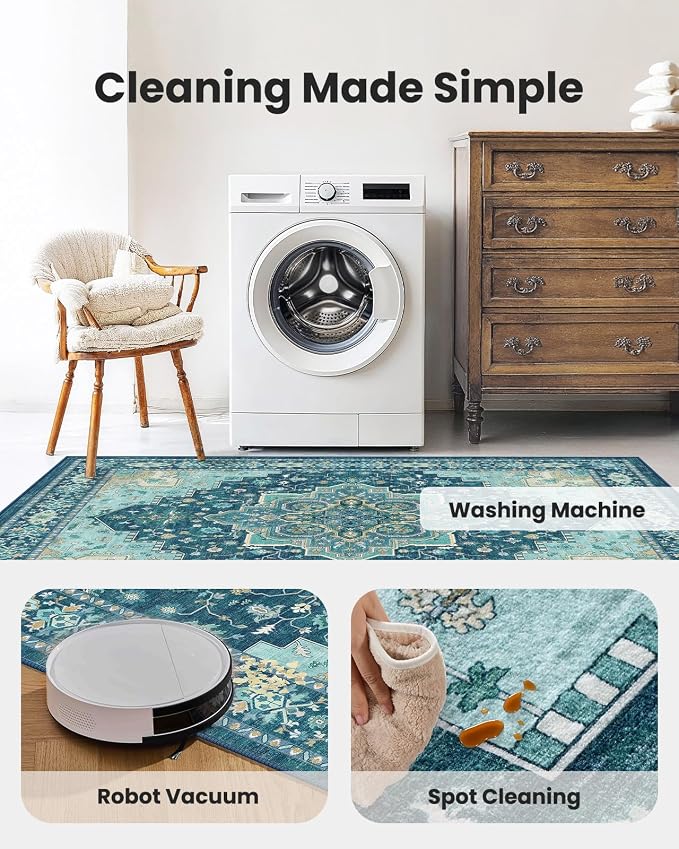 AMADA HOMEFURNISHING 2x3 Washable Entry Rug, Vintage Distress Print Pattern Carpet Small Rugs for Entryway Kitchen Bathroom Door Mat Indoor Entrance, Teal Blue