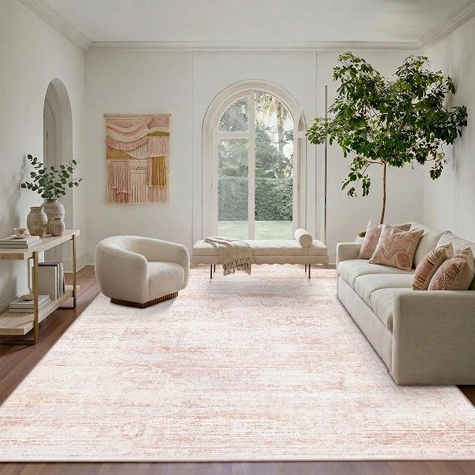 Latte&Fog 8x10 Area Rugs for Living Room Washable Large Pink Rugs Cute | Non Slip Low Pile Soft Floral Carpet for Girls Bedroom Dining Kitchen Kids Playroom Nursery Classroom Dorm Farmhouse Office