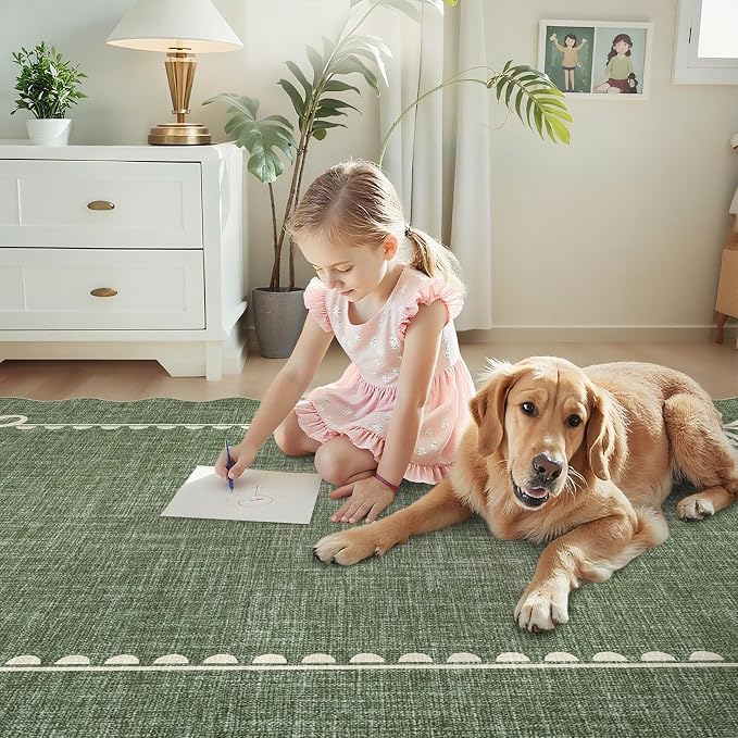 GarveeHome Scalloped Bow Rug 4x6 Washable Green Rug for Bedroom Living Room | Non Slip Soft Low Pile Indoor Carpet for Nursery Girls Bedroom Decor Hallway Kids Room College Dorm Playroom