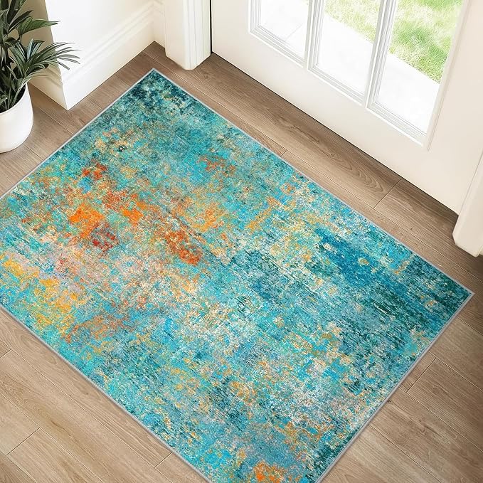 RELEANY Washable 2'x3' Abstract Area Rug for Living Room Teal Multi | Carpet for Bedroom, Kitchen, Office, Hallway and Entryway, Printed Pattern, Non‑Slip, Soft, Stain‑Resistant, Easy to Clean