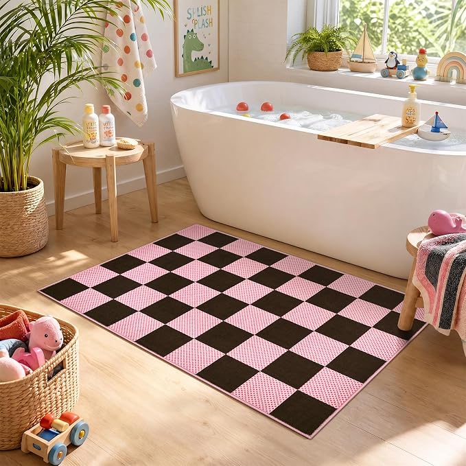 GarveeHome Checkered Brown Pink 2x3 Washable Rug Low-Pile Room Door Mat | Brown Pink Soft Stain Resistant Boys Rug for Entryway Bedroom Bathroom Kitchen Non-Slip Geometric Modern Rug TPE Backing
