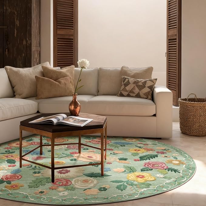 4ft Washable Round Rugs for Bedroom: Circle Living Room Rug Vintage Non Slip Low Pile Soft Faux Wool Non Shedding Small Circular Rug for Kitchen Entryway Bathroom Bedside Office CollegeDorm Kids Room