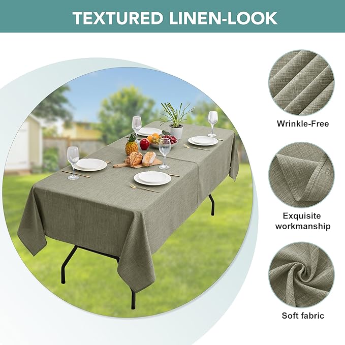 LUSHVIDA Outdoor Tablecloth with Umbrella Hole - Patio Table Cloth Zippered Rectangle 60x84 Inch, Khaki Linen-Look Polyester Table Cover Water Resistant for Picnic Outside