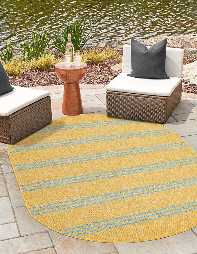 Unique Loom Outdoor Collection Area Rug - Anguilla (7' 10" x 10' Oval, Yellow and Aqua/Light Blue)