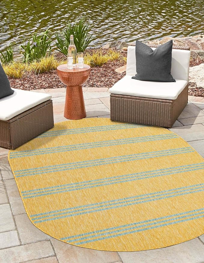 Unique Loom Outdoor Collection Area Rug - Anguilla (5' 3" x 8' Oval, Yellow and Aqua/Light Blue)