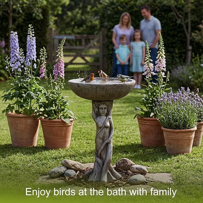 SKYFIRE 25” Tall Outdoor Concrete Bird Bath -Tree Nymph Goddess Pedestal Birdbath Bowl with Wood Grain Texture for Patio, Lawn, Yard, Outdoor Decor - 17”Dia. Garden Decor Statue Birdbaths for Birds