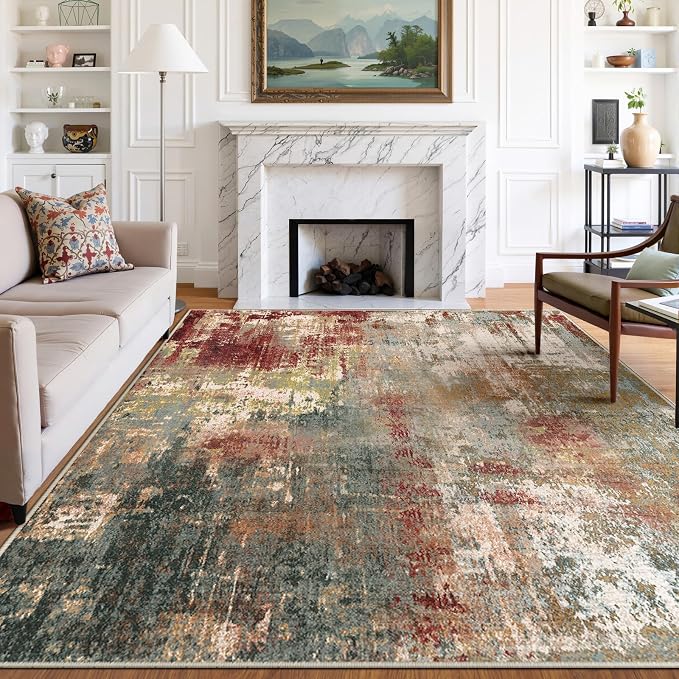 RELEANY Washable 9'x12' Abstract Area Rug for Living Room Rustic Brown | Carpet for Bedroom, Kitchen, Office, Hallway and Entryway, Printed Pattern, Non‑Slip, Soft, Stain‑Resistant, Easy to Clean