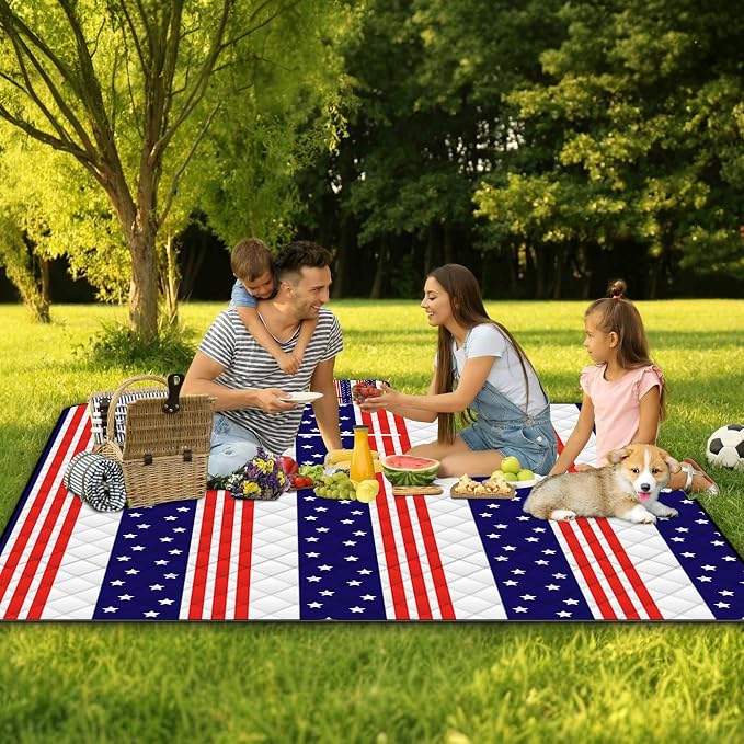 Poedist Extra Large Patriotic Picnic Blanket Waterproof,60"x 80"Foldable Machine Washable Beach Blanket,Outdoor Blanket for 6-8 Adults,Suitable for Indoor Crawling,Park Beach,Camping,Hiking,Travel
