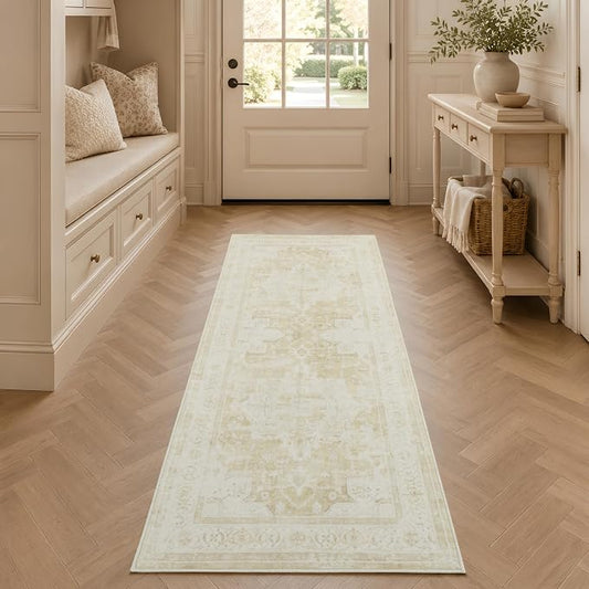 2x6 Hallway Washable Runner Rug : Vintage Soft Kitchen Runner | Vintage Farmhouse Boho Floral Neutral Washable Stain Resistant Indoor Rugs for Home Decor Beige