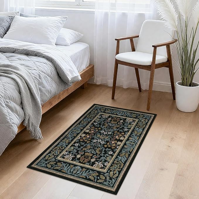 GarveeHome Small Area Rugs 2x3 Non Slip Washable Entryway Rug, Blue Black | Boho Vintage Front Door Mat Soft Low-Pile Stain Resistant Indoor Throw Carpet for Kitchen Bathroom Bedroom Decor