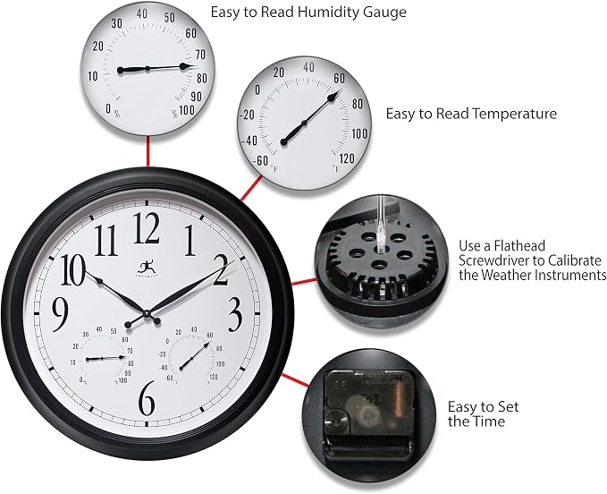 Infinity Instruments 24 inch Classic Black Wall Clock Thermometer Humidity Outdoor | Round Outdoor Wall Clock | Outdoor Indoor Thermometer Clock Hygrometer | Great for Garage, Patio, Pool, Outdoors