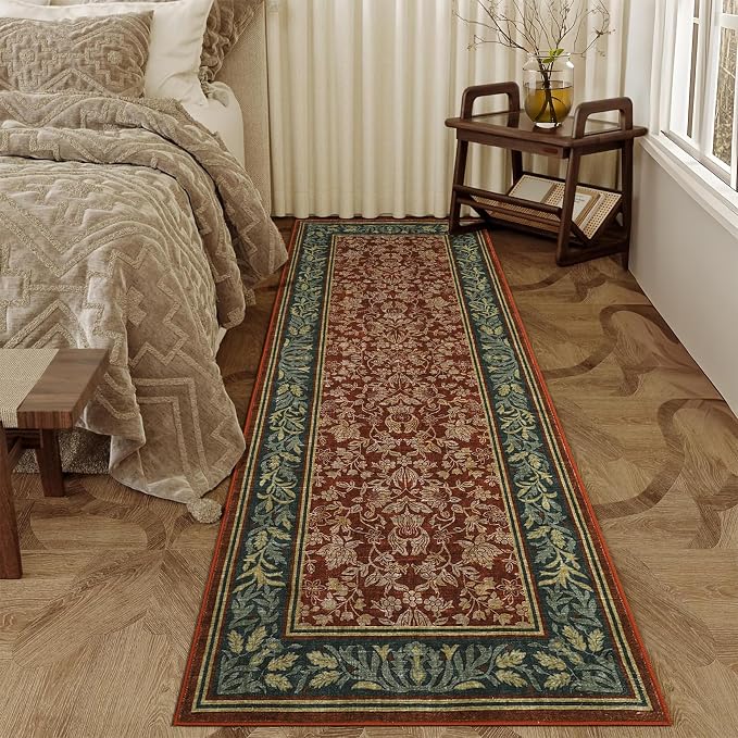 GarveeHome Washable 2.5x10 Hallway Runner Rug Non Slip Kitchen Rugs, Red | Boho Vintage Runner Rugs with Rubber Backing Soft Low-Pile Stain Resistant Indoor Long Carpet for Entryway Bedroom Laundry