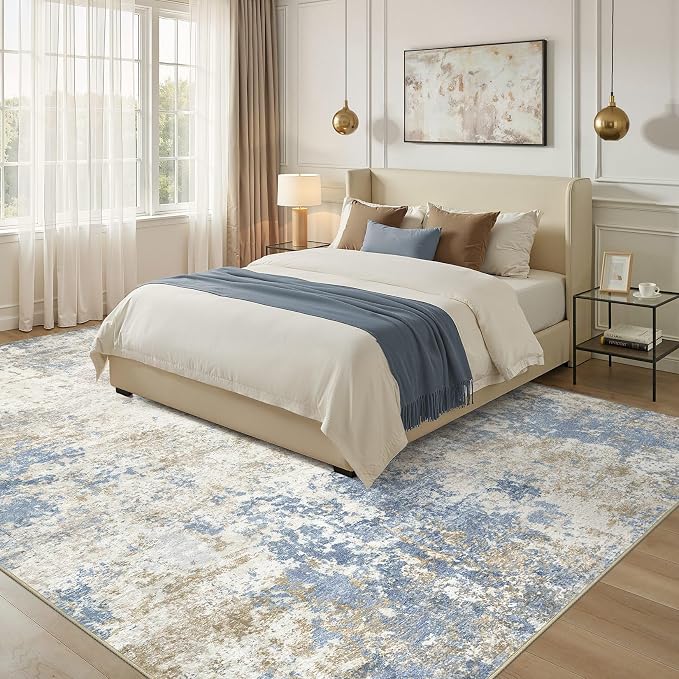 Nakagishi 6X9 Abstract Washable Area Rugs for Living Room-Blue Brown | Modern Non-Slip Silicone Backing Low Pile Soft Carpet for Bedroom Dining Decor for Families with Kids and Pets