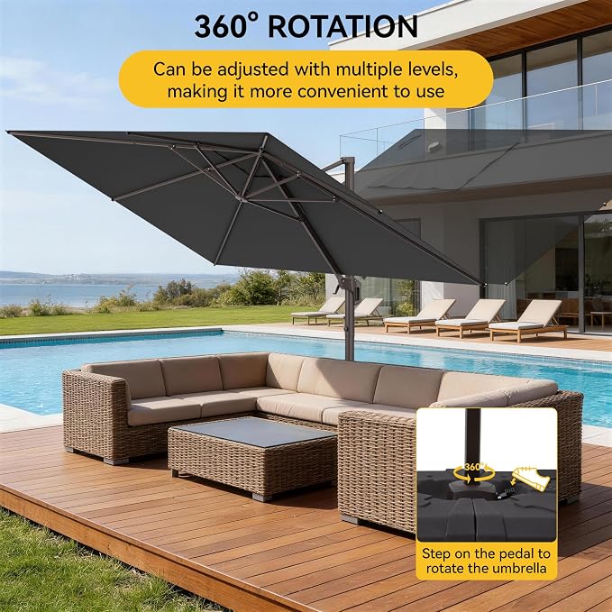 9x12 FT Cantilever Patio Umbrella, Large Rectangular Offset Outdoor Umbrella with 360° Rotation, Heavy Duty Shade Umbrella for Garden Backyard Deck Poolside Courtyard, Grey