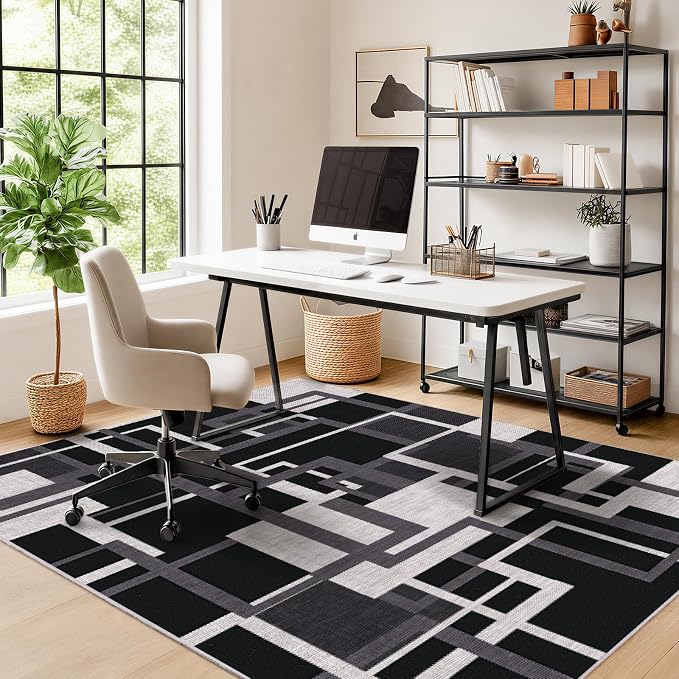 Pionblank Modern Geometric Area Rugs for Bedroom, Black White Grey 4x6 Rug | Charcoal Black Patchwork Blocks Indoor Carpet for Living Room Dining Room Office | Soft Low-Pile Floor Rug | Non-Slip