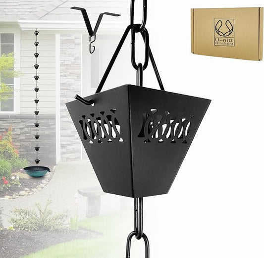 U-nitt Rain Chain Water Collection for Gutters, Rainwater Catcher & Diverter, 8.5 FT Chains for Outside Garden, Black Square Cups, Roof Downspout, Works with Heavy Rain, w/Gutter Clip for Rainchains