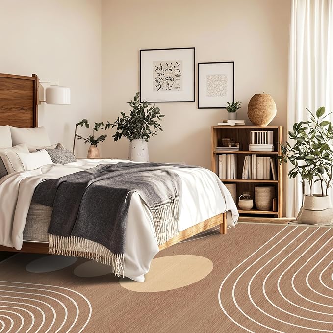 8x10 Area Rug for Living Room Boho Modern Minimalist Geometric Abstract Large Rug Brown Mid Century Modern Machine Washable Non-Slip Printed Low-Pile Indoor Floor Carpet Dining Room Bedroom Brown