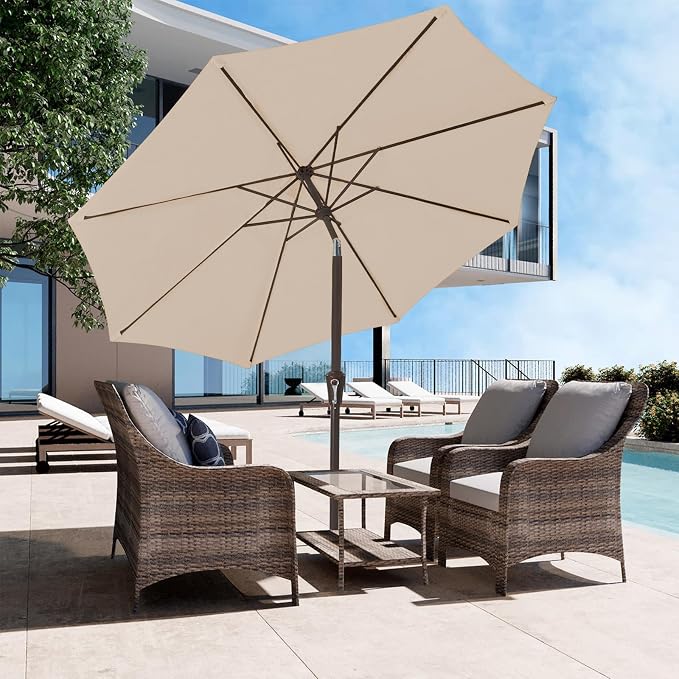 JEAREY 9FT Outdoor Patio Umbrella Market Umbrella with Push Button Tilt and Crank, Outdoor Table Umbrellas 8 Sturdy Ribs UV Protection Waterproof for Garden, Deck, Backyard, Pool (Cream Beige)