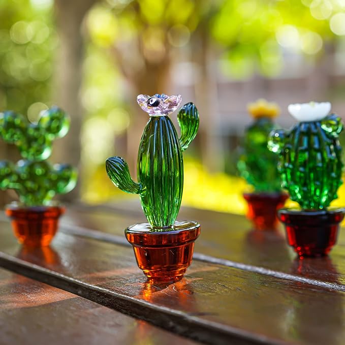 6pcs Hand-Blown Glass Ornaments Hanging Glass Gazing Balls and 4.3inch Handmade Blown Glass Art Cactus Figurine