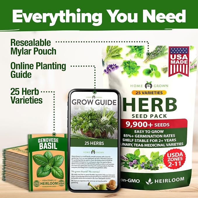 HOME GROWN 25 Herb Seeds for Planting 8,700+ Non-GMO Heirloom Seeds | Extra Large Variety Pack Herb Kit – Indoor Outdoor & Hydroponic | Culinary Seed Set | Grow Your Own Herbs | Gardening Gift
