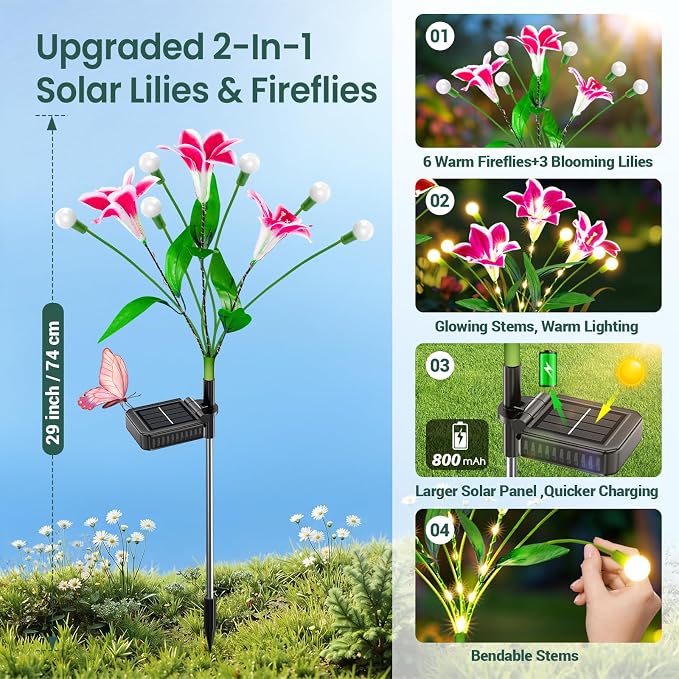 Upgraded Solar Garden Lights Outdoor: 4 Pack 2-in-1 Solar Lily Flower Lights with Swaying Firefly Lights & Glowing Stems, Brighter Waterproof Solar Garden Decor for Yard Patio, Unique Gifts