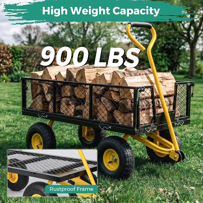 SUNNYFEEL 900 LBS Garden Cart Heavy Duty with 180° Rotating Handle | Metal Yard Utility Wagon Carts with 10" All Terrain Tires, Mesh Removable Sides, All Season Steel Yard Cart for Yard, Lawn