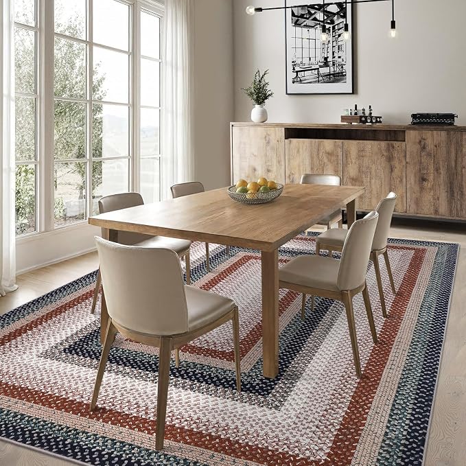 RUGSREAL Washable Area Rug 6x9 Braided Print Rugs for Living Room Bedroom | Modern Geometric Large Dining Room Rug Non Slip Dining Room Farmhouse Accent Throw Carpet for Home Decor, Olive/Brown