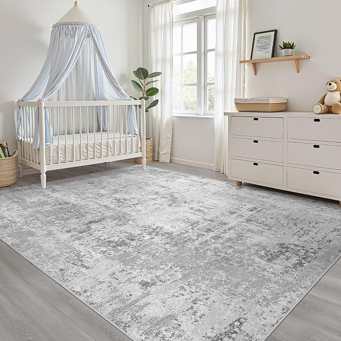 LOONGRUG 6x9 Area Rug Washable Neutral Modern Living Room Rug Light Gray | Abstract Soft Stain Resistant Indoor Non-Slip Carpet for Bedroom Nursery Kids Office Playroom Dining Room