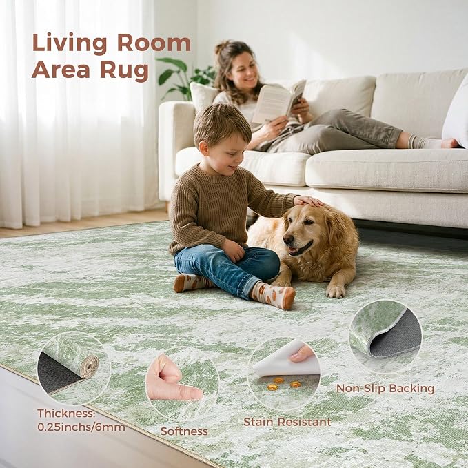 DMOYEST 8x10 Area Rug for Living Room Washable Abstract Indoor Carpet | Neutral Modern Low Pile Rugs Kid & Pet Friendly Large Soft Thin Carpet for Bedroom Dining Room and Office - Light Green