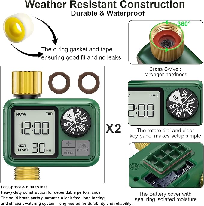 Water Timer for Outdoor Garden Hose, Sprinkler Timer for Garden Faucet with Auto/Manual/Rain Delay Mode, Sprinkler Irrigation Controller for Yard Lawn (1 Zone Brass Inlet & Outlet-2 Pack)