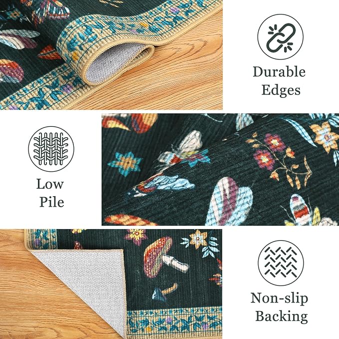 ROYHOME Mushroom Insect 2.5x8 Kitchen Runner Rug for Hallways Black | Entryway Bedroom Bathroom Washable Bug Moth Cute Funky Cottage Core Whimsical Boy Rugs Low-Pile Non-Slip TPE Backing