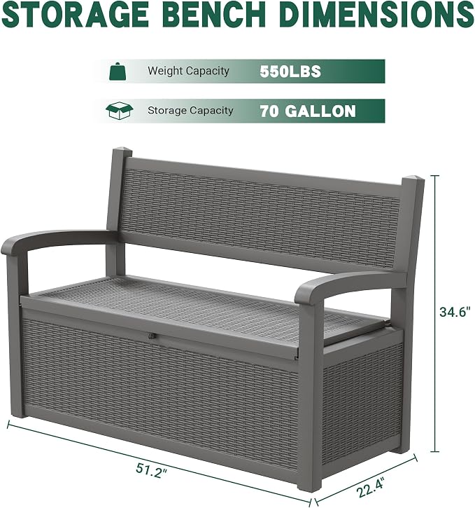 80 Gallon Outdoor Storage Bench, Resin Patio Storage Bench with Armrest, Lockable Deck Boxes Outdoor Waterproof and UV Resistant for Cushions, Garden Tools and Pool Supplies, Dark Grey