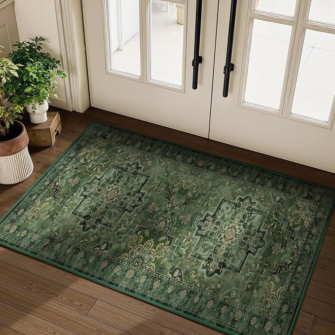 Dark Green 3x4 Rugs for Entryway Indoor, Distressed Medallion Door Mat Indoor Entrance, Washable Non Slip Low Pile Thin Small Carpet Rug for Kitchen/Bedroom/Bathroom/Laundry Room