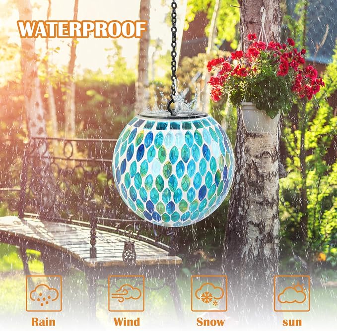 Mosaic Solar Lantern Outdoor Waterproof Glass Hanging Solar Lights, Blue | Solar Hanging Lantern IP44 Waterproof Mosaic Gazing Ball with White LED Lights, Metal Hanging Chain, Outdoor Pathway Decor