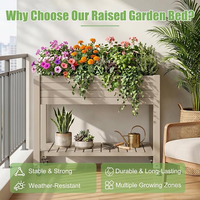 EFU Raised Garden Beds Outdoor, with Wheels for Mobility, Extra Storage Shelf, Water Level Monitoring, 21 Gallon Planter Raised Beds for Vegetables, Herbs, Fruits, Backyard, Patio, Balcony (Grey)