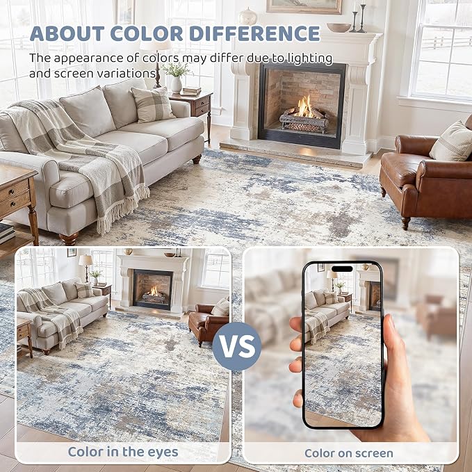 UERMEI 9x12 Area Rug Living Room Rugs - Washable Neutral Modern Abstract Soft Thin Large Rug Indoor Floor No Slip Rug Carpet for Bedroom Under Dining Table Home Office Decor- Denim Blue