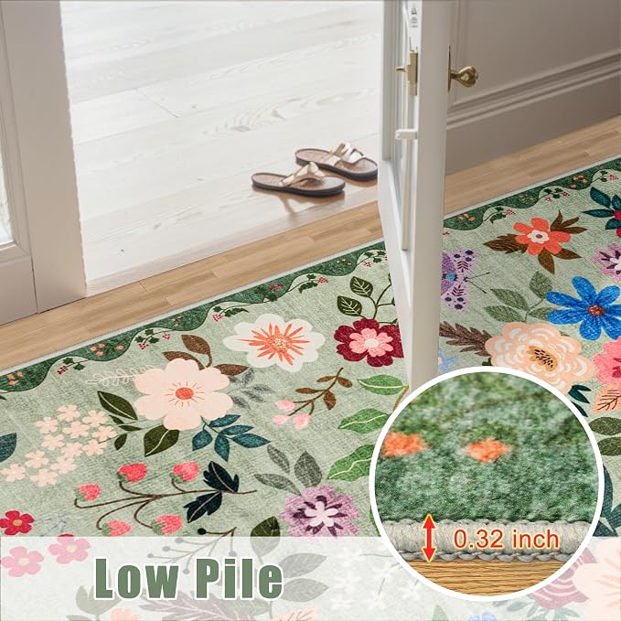 PLHXFR Area Rug Living Room: 4x6 Floral Washable Boho Soft Carpet Green | For Bedroom Dining Room Farmhouse Nursery Hallway,Vintage Floral,Machine washable,Non Slip,Stain Resistant,Large Indoor