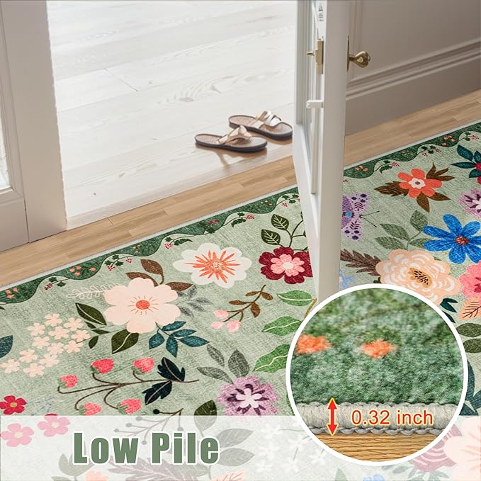 PLHXFR 8x10 Area Rug Living Room: Floral Washable Boho Soft Carpet Green | For Bedroom Dining Room Farmhouse Nursery Hallway,Vintage Floral,Machine washable,Non Slip,Stain Resistant,Large Indoor