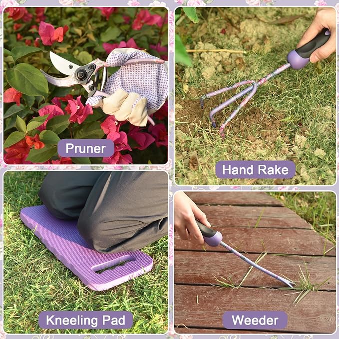 Gardening Tools, WisaKey 10 Piece Heavy Duty Purple Garden Tool Set Durable Garden Supplies Organizer Bag Garden Hand Tools Grandmother Granny for Woman Mothers