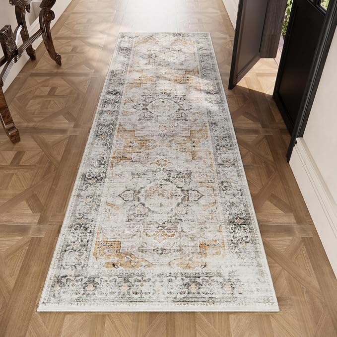 Washable Runner Rug Non Slip: 2'6"x8' Kitchen Rug Runners Low Pile Soft Faux Wool Boho Distressed Floor Rug Non Shedding Carpet Runners for Hallways Entryway Bedroom Living Room Farmhouse Indoor