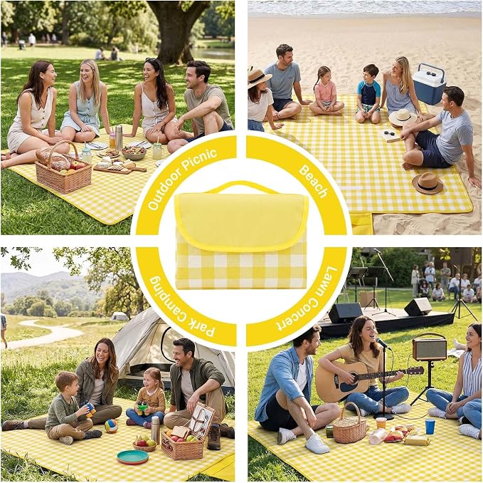 Waterproof Foldable Picnic Blanket Outdoor with Carry Strap,80"x80" Extra Large Beach Blanket Sandproof,Portable Soft Gingham Picnic Mat for Camping Travel Hiking Family Concerts Park(Yellow)