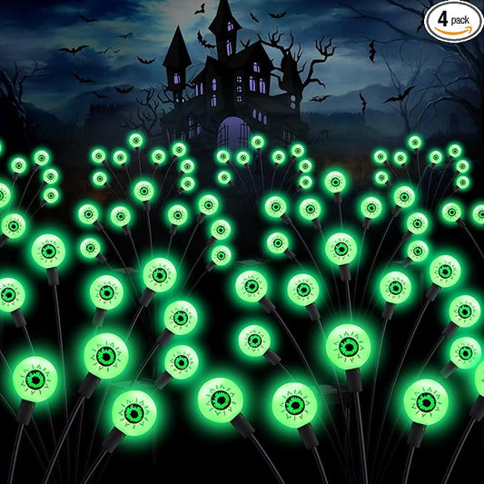 ASMAD Halloween Decorations Outdoor Solar Scary-Eyeball Lights, 4Pack 32LEDs Green Eyeball Swaying Firefly-Lights, Waterproof Solar-Path-Lights for Garden/Yard/Patio/Party Decor