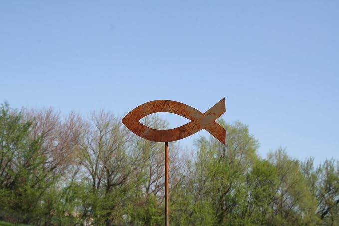 Christian Jesus Fish Metal Steel Garden Landscape Stake 20 to 33 Inches Tall (Flat Jesus Fish 20" Tall Including Stake, Naturally Rusted)