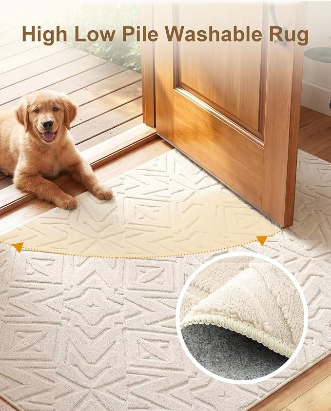 Carvapet 5x7 Area Rug Beige Geometric Washable High Low Pile Carpet | Soft plush washable carpet with high low pile texture and non slip backing for living rooms, bedrooms and family spaces