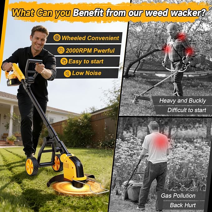 Brushless 4-in-1 Cordless Weed Wacker Edger with Wheel, 20000RPM 12'' Electric Weed Eater Battery Powered Brush Cutter, Grass Trimmer Stringless Weed Trimmer Lawn Mower Metal Blade Battery Charger
