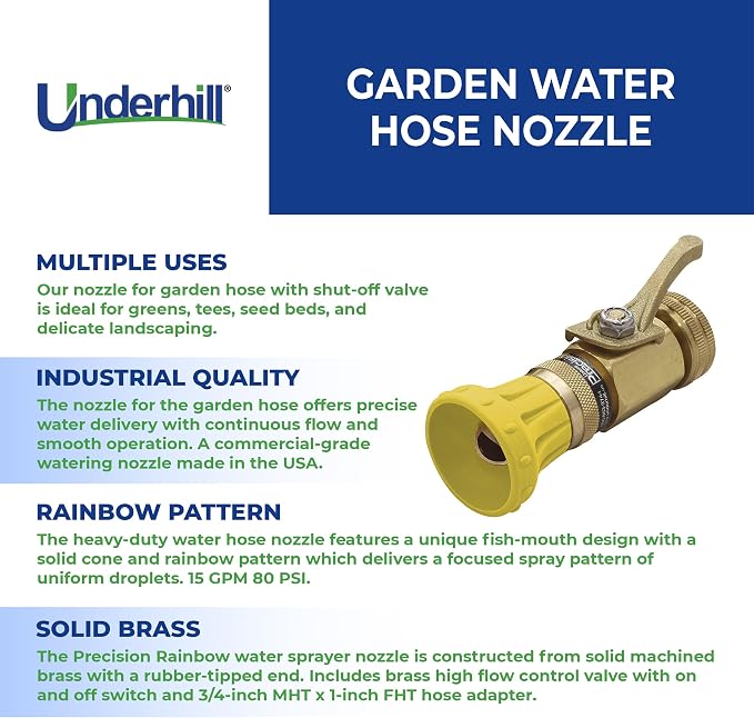 Underhill Precision Rainbow with High Flow Control Valve Garden Water Hose Nozzle, 15 GPM 80 PSI, 3/4-Inch Thread Inlet by 1-Inch, HN1500CV