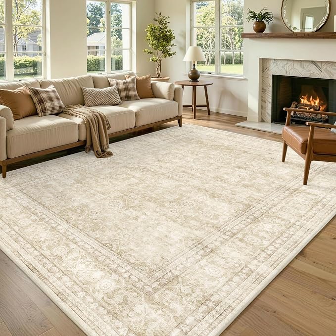 5x7 Ft Area Rugs for Living Room, Soft Non-Slip Machine Washable Rug, Vintage Stain Resistant Carpets for Bedroom Nursery Dining Room Home Decor (Beige)