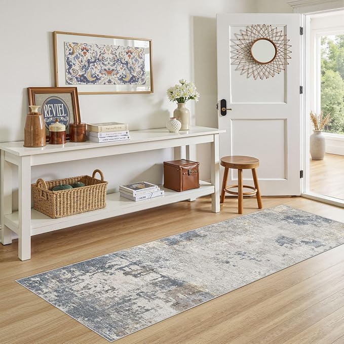 UERMEI 2x6 Washable Runner Rug for Hallway, Non Slip Low Pile Kitchen Carpet, Neutral Modern Abstract Indoor Floor Mat for Entryway Laundry, Kid & Pet Safe High Traffic Area, Blue Grey