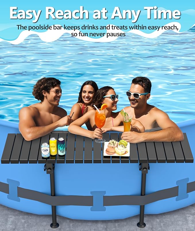 BoYata Pool Bar for Above Ground Pools, 49.4×9.6" Large Galvanized Table | Holds Up To 110 Lb, Fits Top Rails Up To 4.48", Super Stable Above Ground Pool Accessories, For Round & Oval Frame Pools