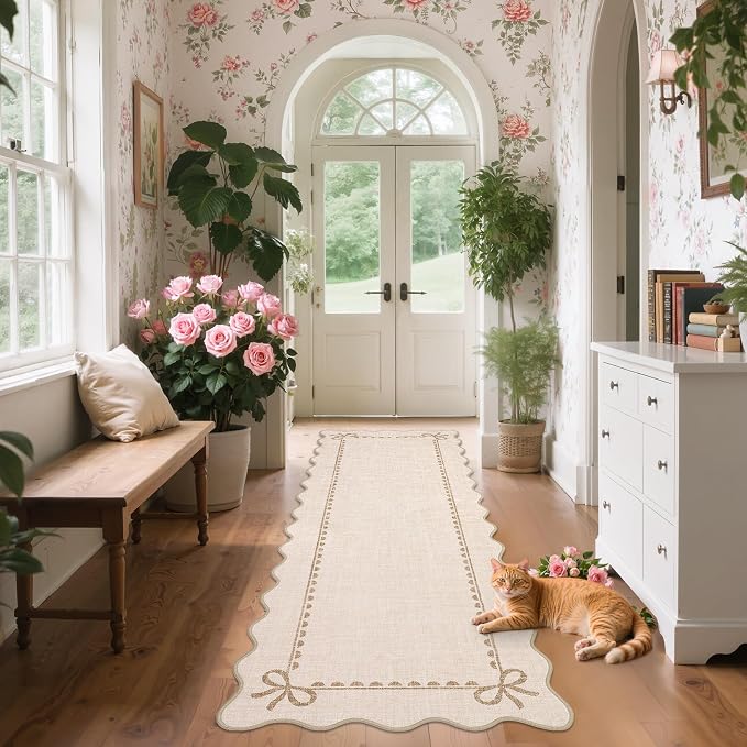 GarveeHome Scalloped Hallway Runner Rug 2.5x8 Non Slip Bedroom Rugs, Beige | Washable Bow Rug for Girls Dorm Nursery Living Room Entyrway Kitchen, Soft Low Pile Ultra-Thin Indoor Carpet